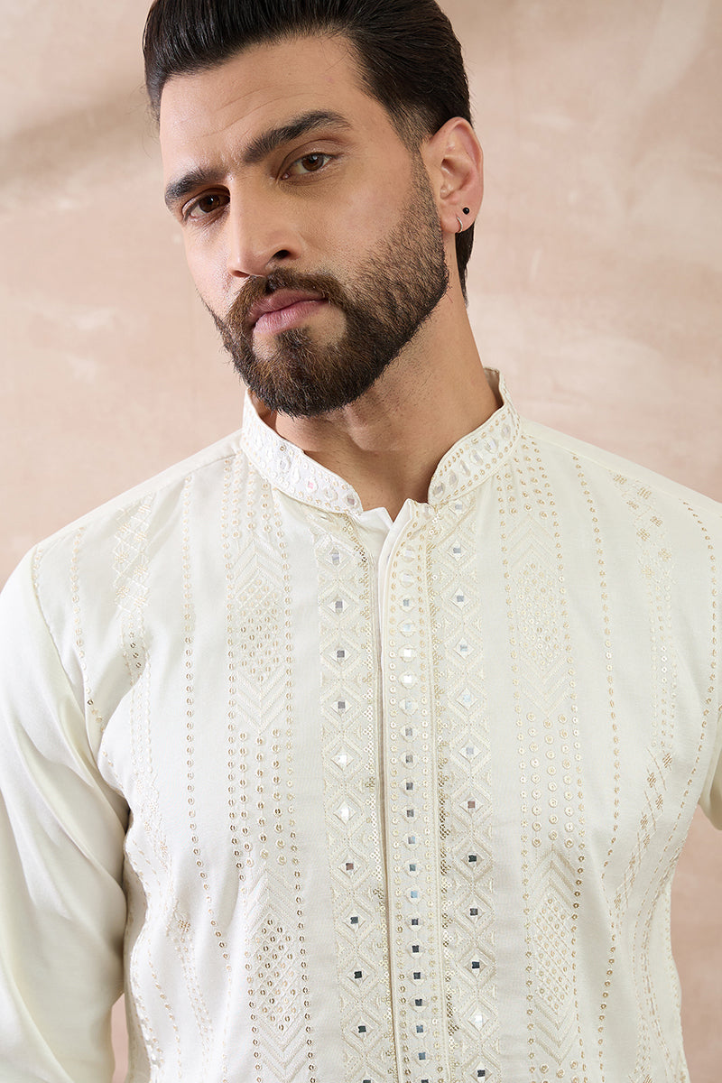 White Silk Blend Embroidered Mandarin Collar Straight Kurta For Men | SHOBITAM