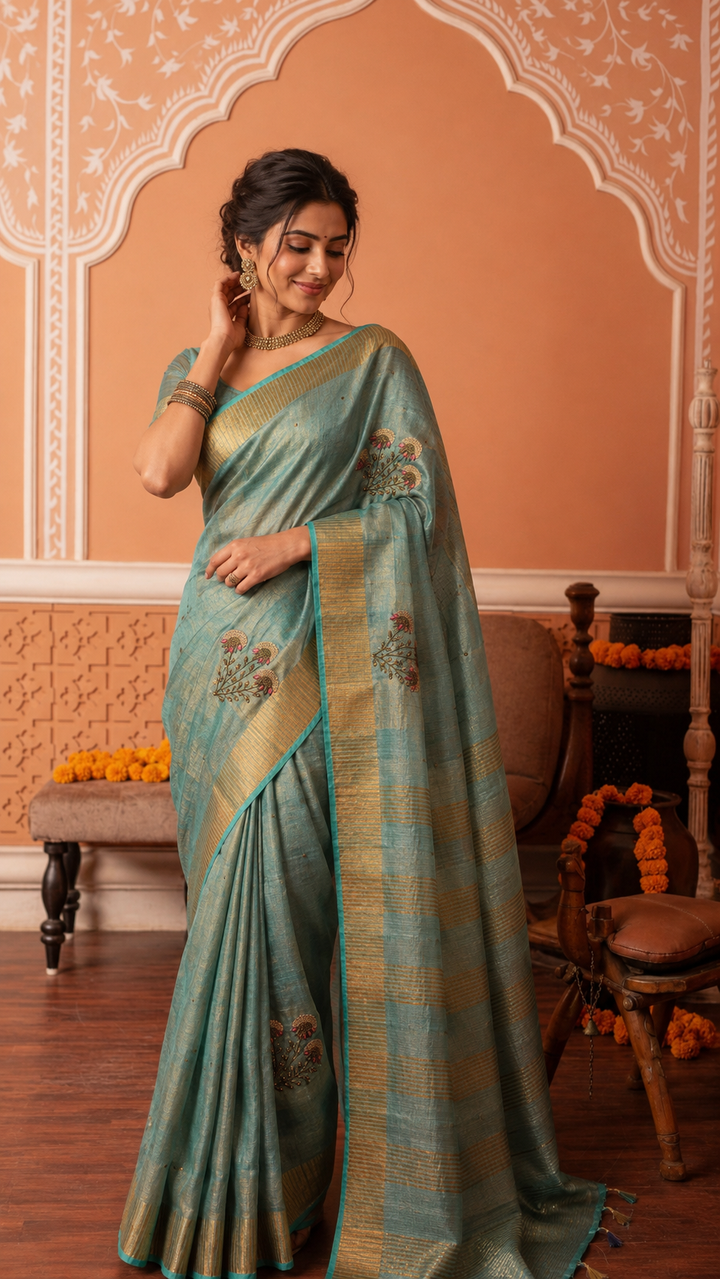 Hand Beadwork on Tissue Linen Saree in Blue with Gold Tissue | SHOBITAM
