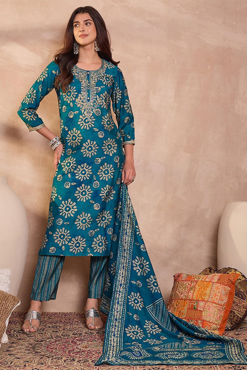 Blue Rayon Blend Floral Printed Straight Kurta Trouser With Dupatta | SHOBITAM