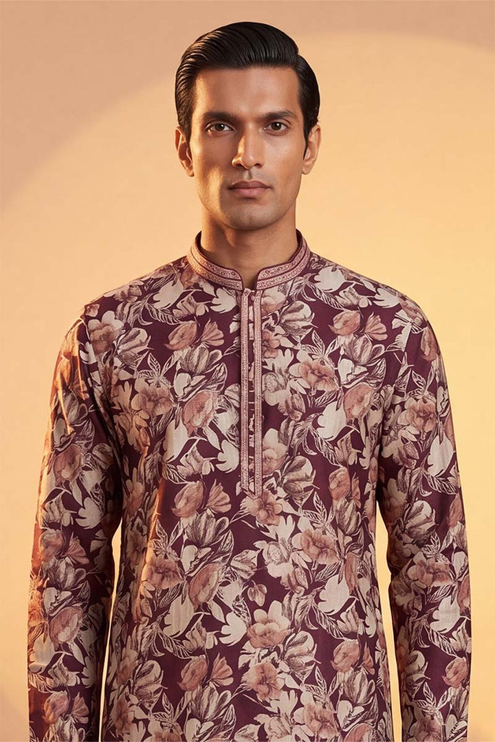 Mens Purple Viscose Rayon Floral Printed Kurta With Trousers | SHOBITAM