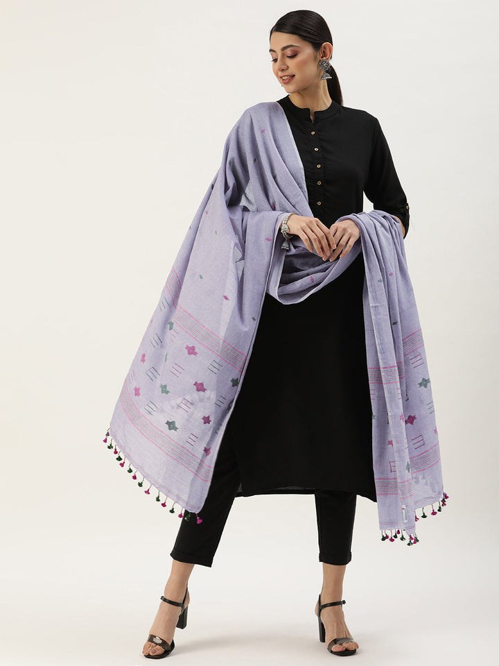 Handcrafted Jamdani Cotton Dupatta with tassels- NEW! | SHOBITAM