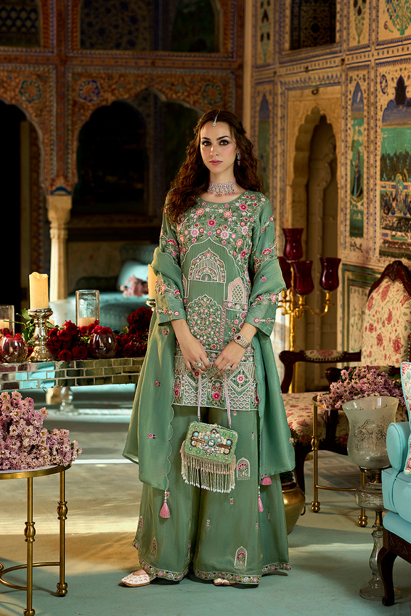 Green Solid Embroidered Straight Kurta Palaazo with Dupatta | SHOBITAM
