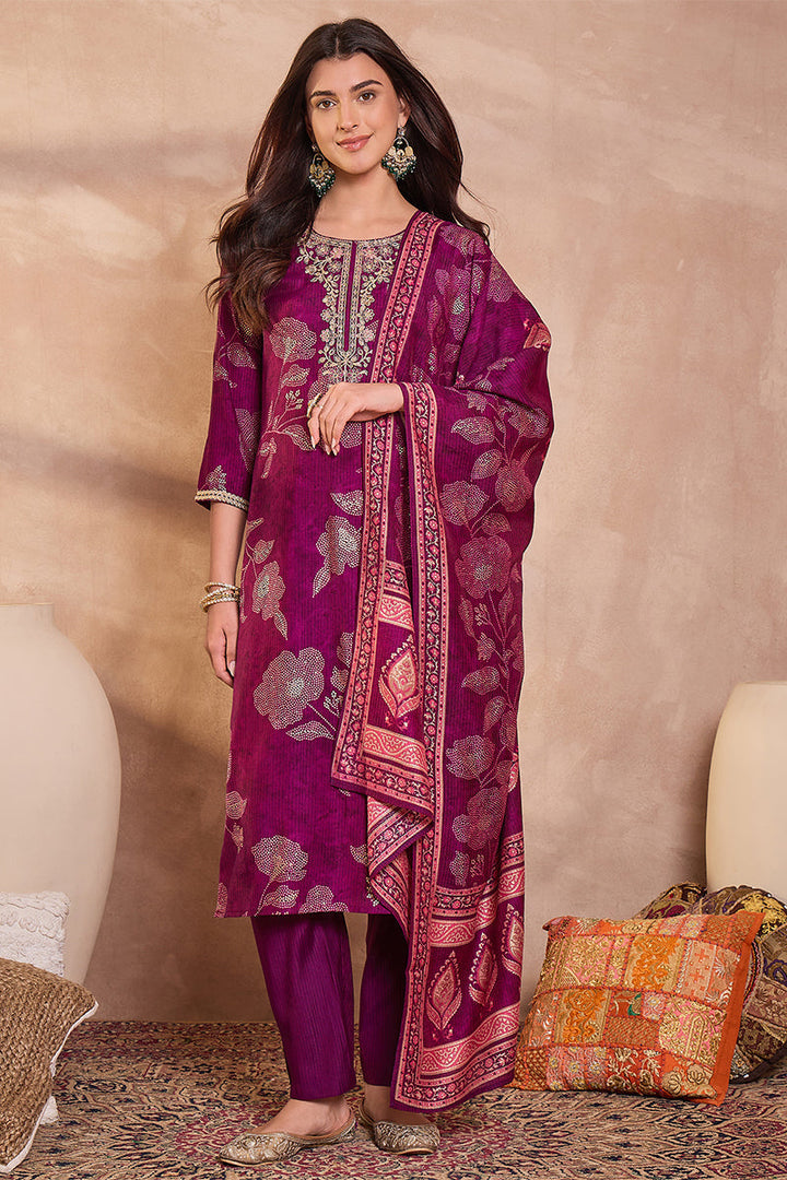 Purple Silk Blend Floral Printed Straight Kurta Trouser With Dupatta | SHOBITAM