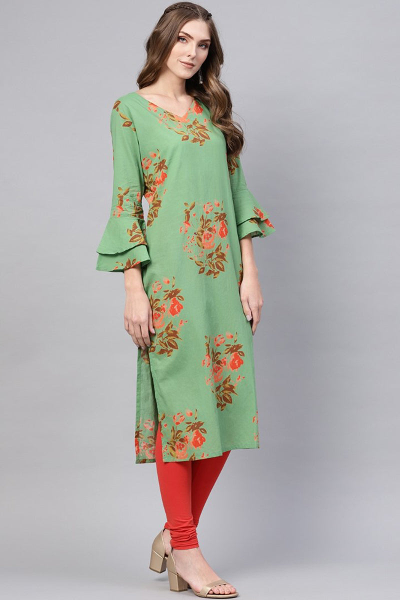 Regular Wear Cotton Fabric Printed Sea Green Color Simple Kurti | SHOBITAM