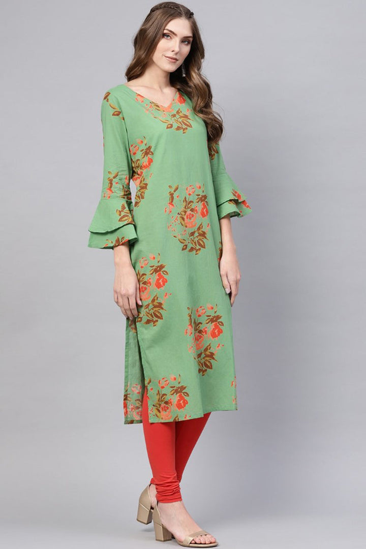 Regular Wear Cotton Fabric Printed Sea Green Color Simple Kurti | SHOBITAM