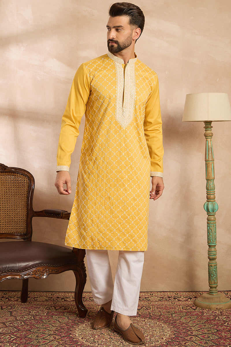 Yellow Silk Blend Embroidered Mandarin Collar Straight Kurta | SHOBITAM