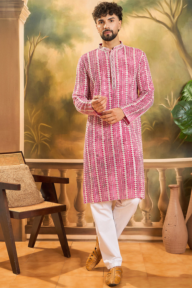 Red Viscose Rayon Embroidered Straight Kurta With Trousers | SHOBITAM