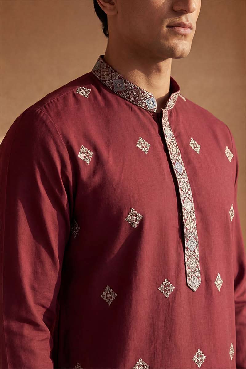 Silk Blend Maroon Solid Embroidered Calf Length Straight Kurta | SHOBITAM