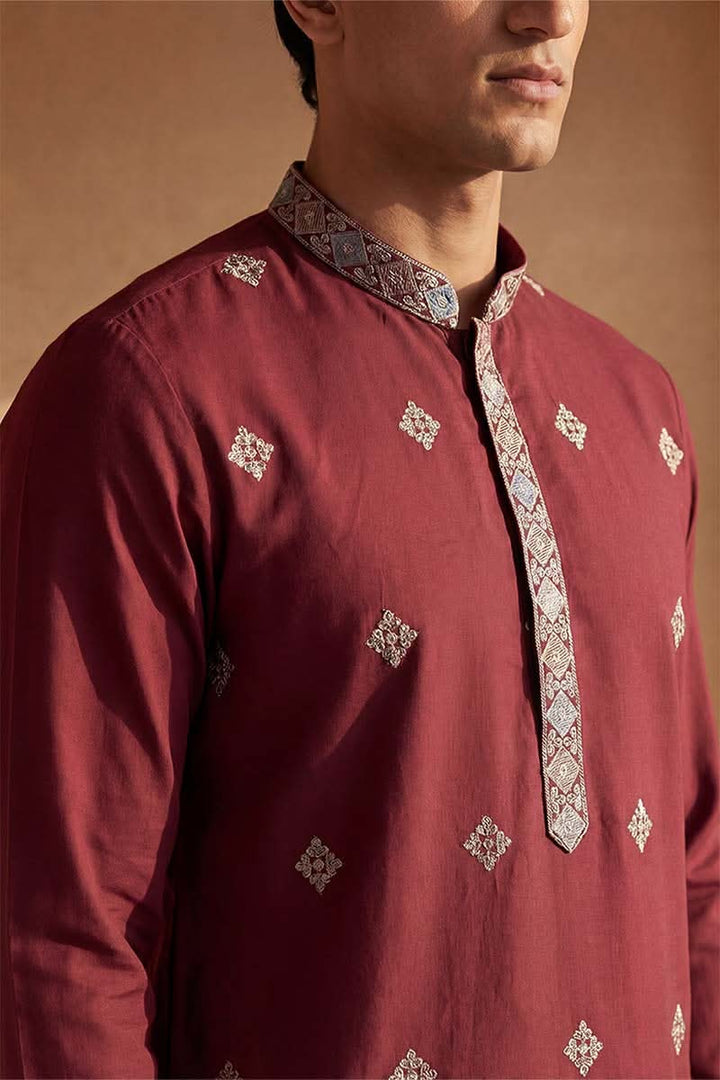 Silk Blend Maroon Solid Embroidered Calf Length Straight Kurta | SHOBITAM