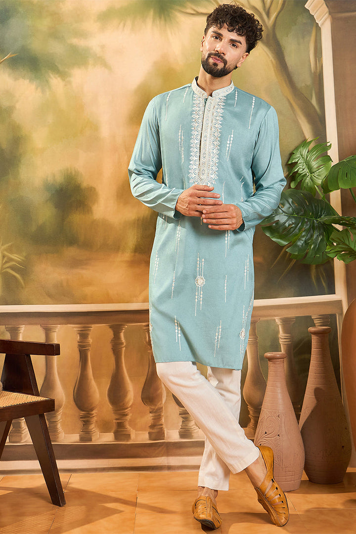 Blue Silk Blend Solid Embroidered Straight Kurta with Trouser | SHOBITAM
