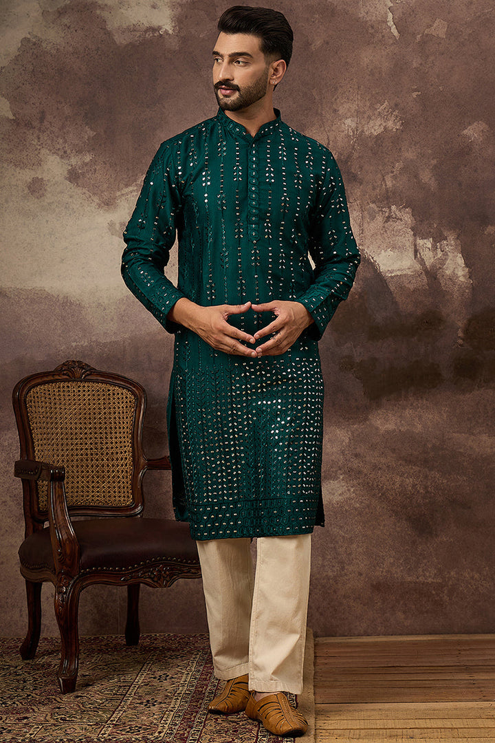 Teal Silk Blend Solid Embroidered Straight Kurta With Pant Set | SHOBITAM