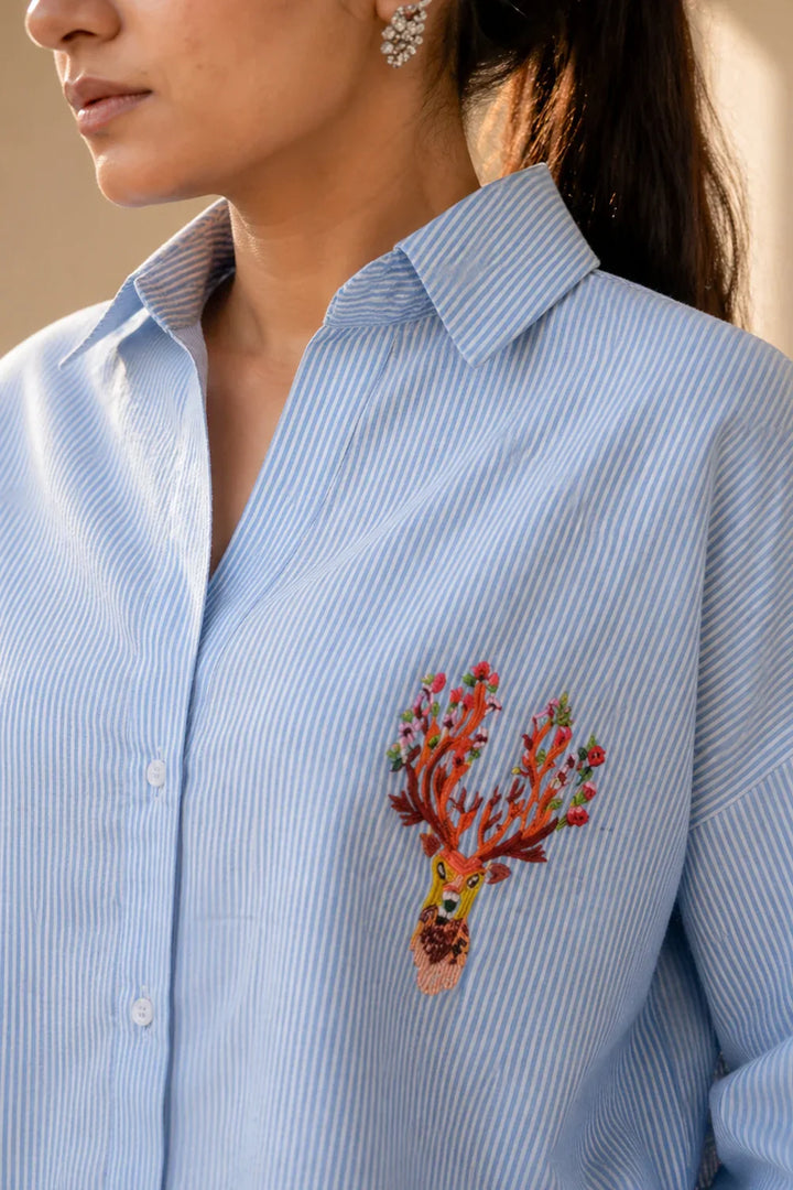 Sky Blue and White Stripes Pure Cotton Shirt | SHOBITAM