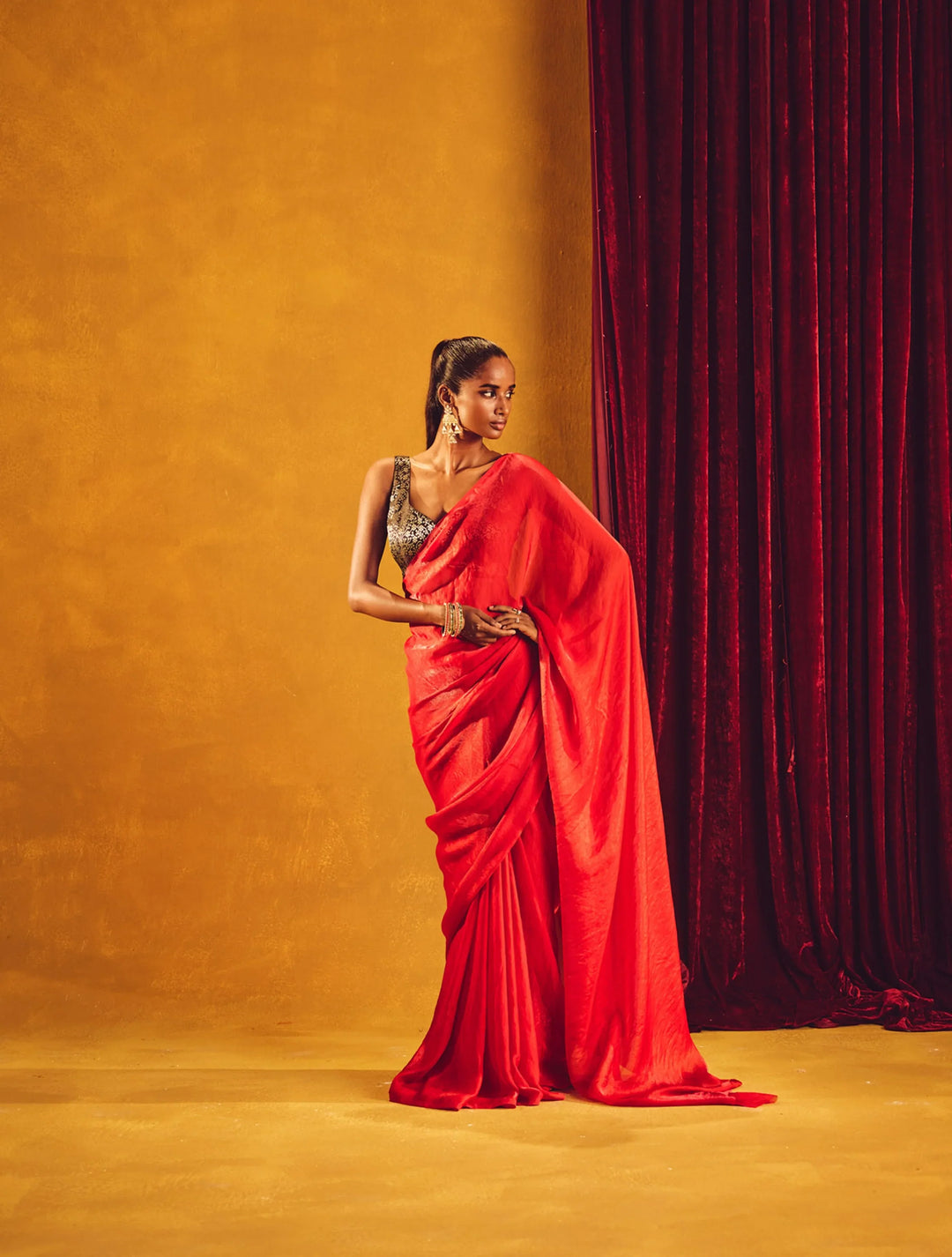 Red Tissue Saree With Unstitched Blouse | SHOBITAM