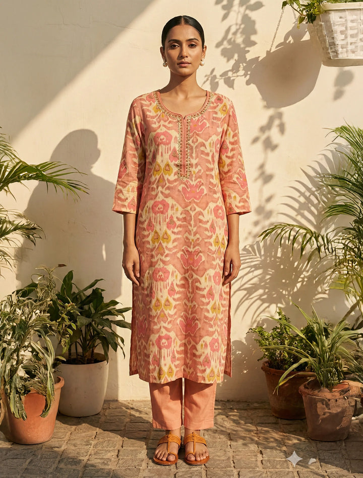 Peach Ikat Print Embroidered Kurta Pant Dupatta Set | SHOBITAM