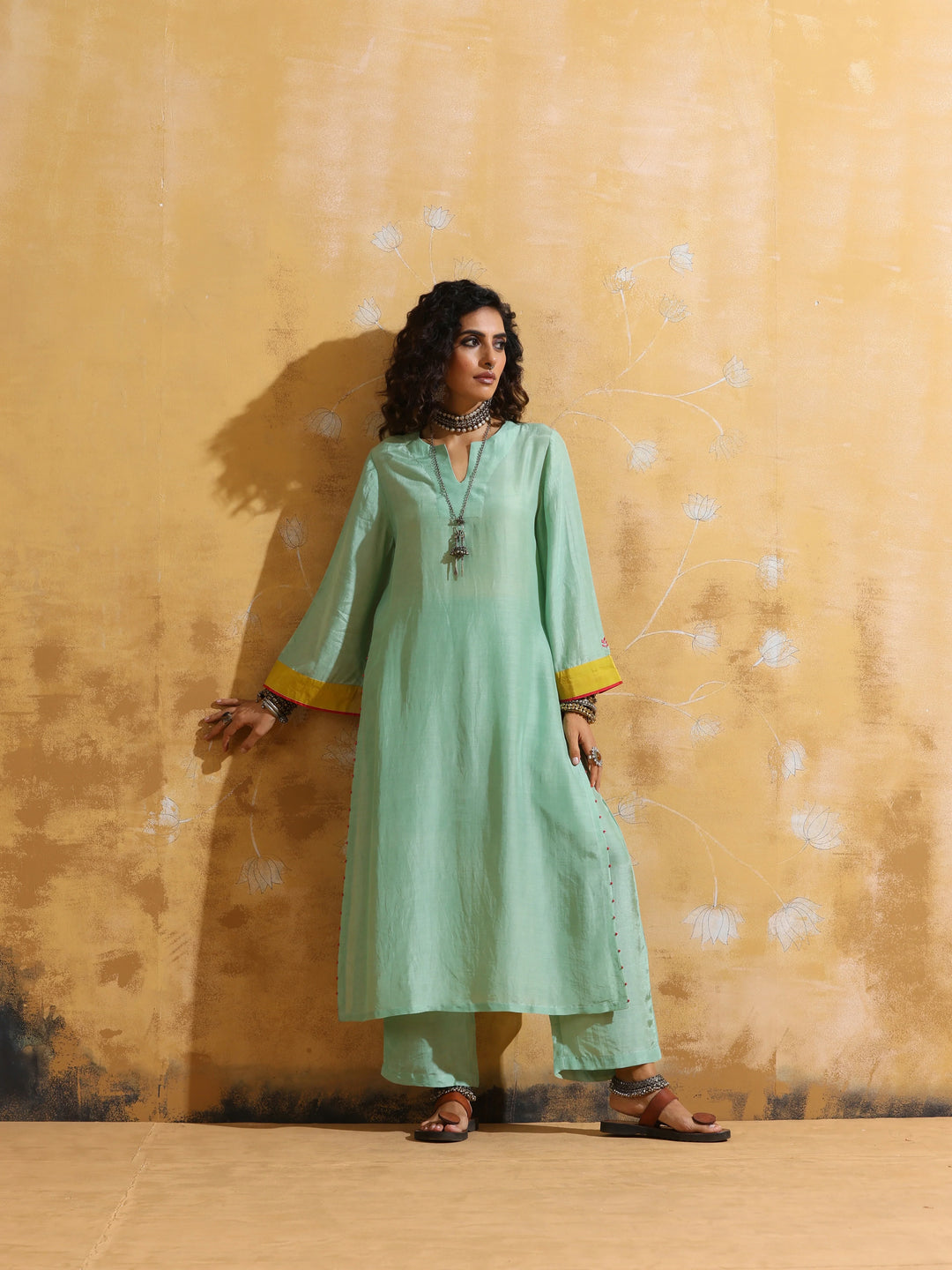 Mint Green Muslin Silk High-Slit Kurta Pant Set  | SHOBITAM