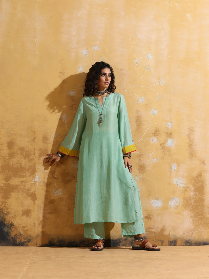 Mint Green Muslin Silk High-Slit Kurta Pant Set  | SHOBITAM