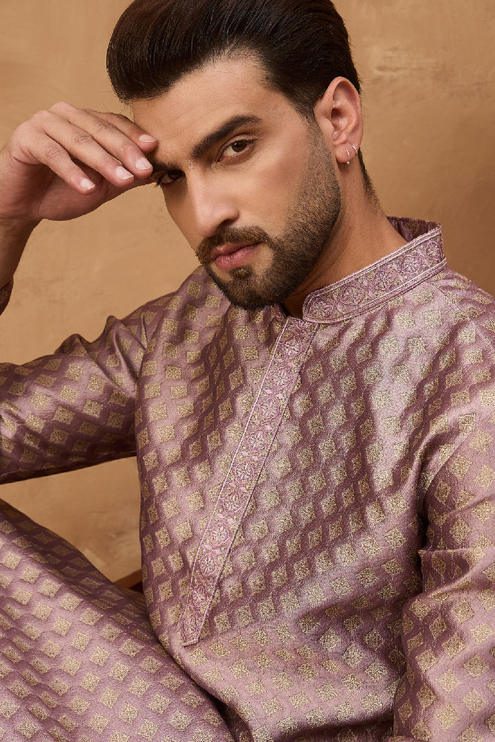 Mauve Silk Blend Solid Woven Design Straight Kurta | SHOBITAM