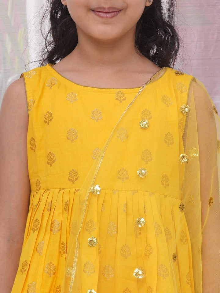 Girls Cotton Sleeveless Kurta Frock with Sharara and Dupatta with Golden Floral Zari Work - Haldi Yellow | SHOBITAM