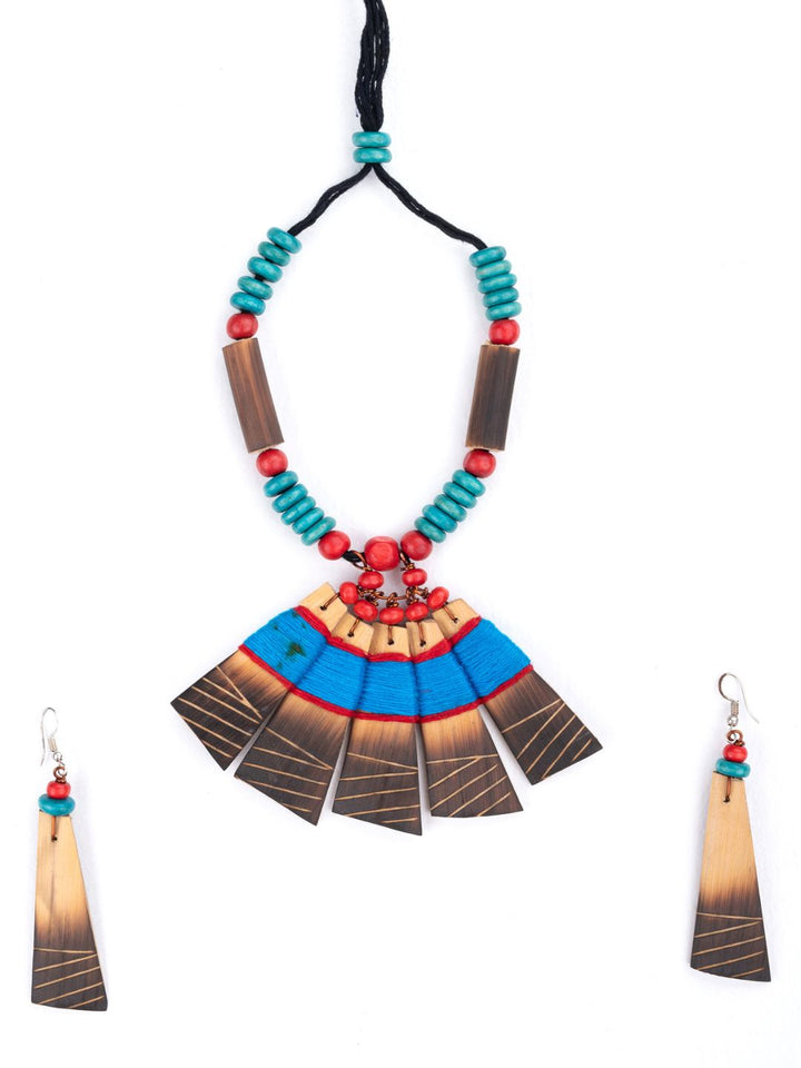 Handmade Sky Blue Red Bamboo Tribal Jewellery Set | SHOBITAM
