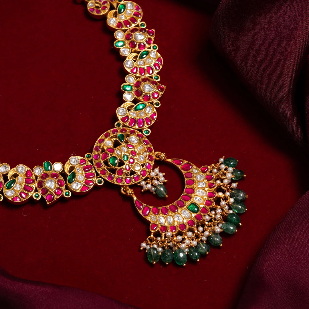 Stunning 92.5 Silver, Gold Plated Kundanjali Moon Necklace