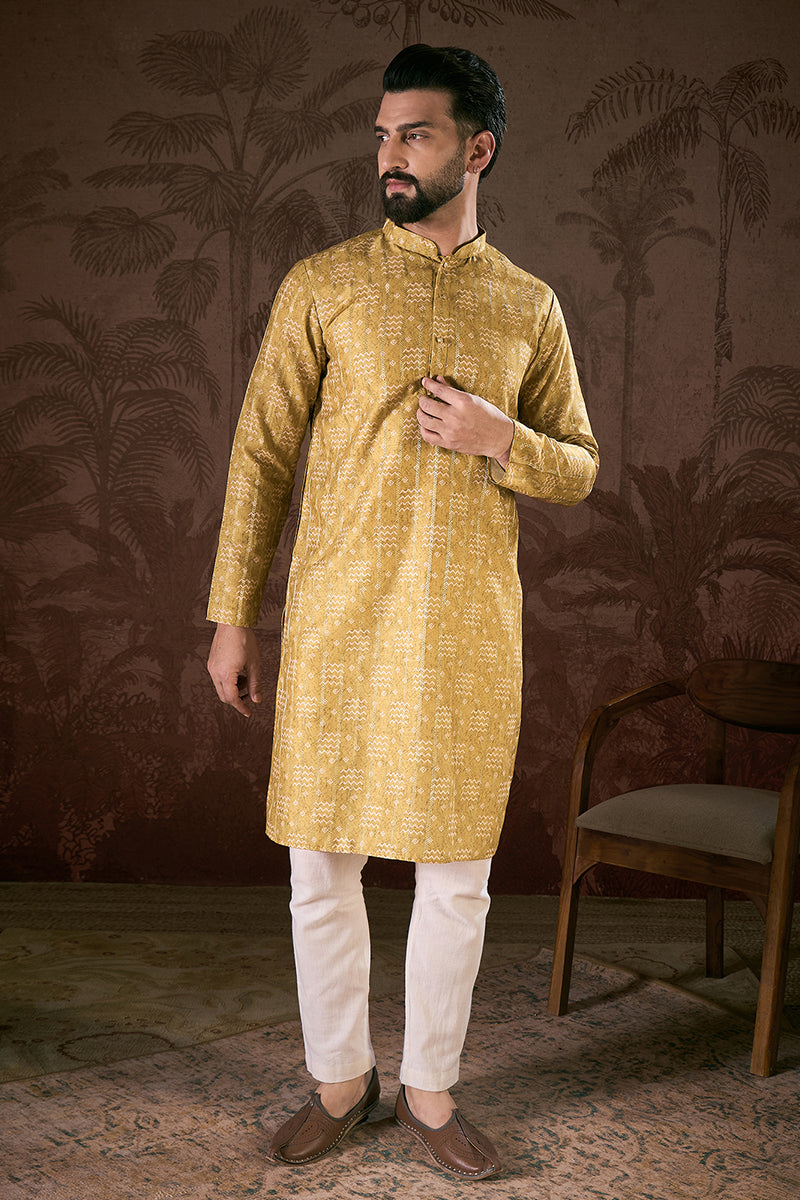 Mustard Silk Blend Ethnic Motifs Printed Straight Kurta For Men | SHOBITAM