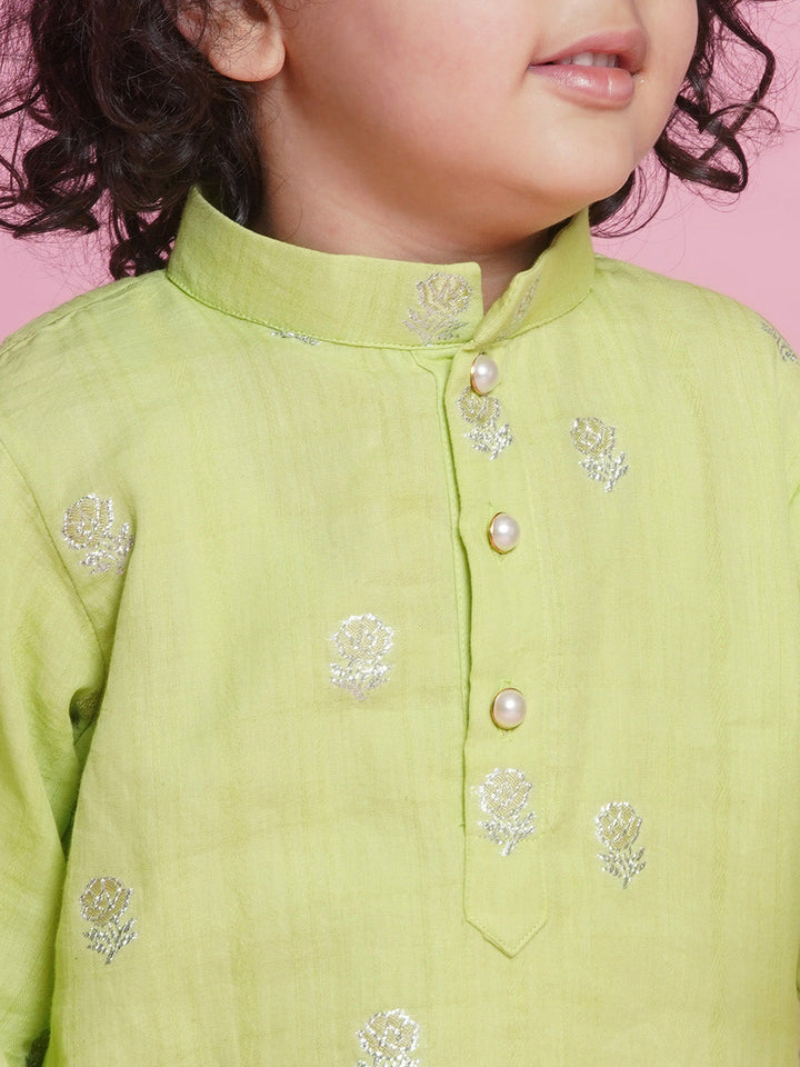 Cotton Full Sleeves Rose Zari Embroidered Kurta with Dhoti -Fern Green | SHOBITAM