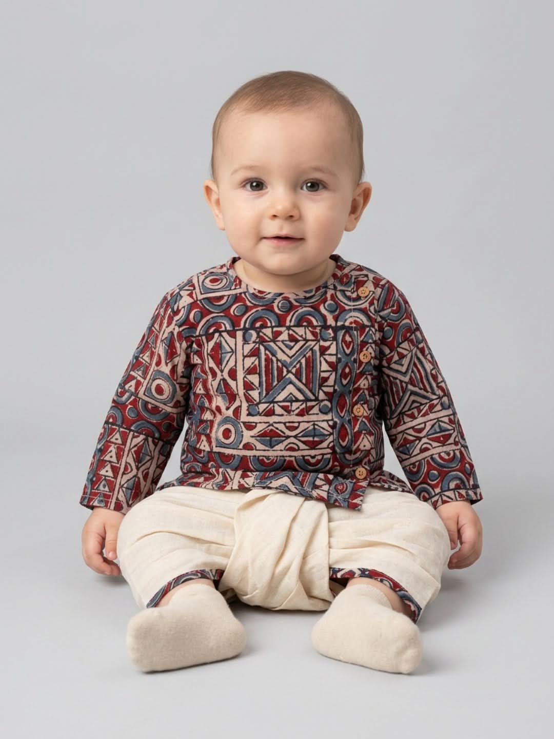 Boys Geometric Printed Cotton Angrakha Style Dhoti Set | SHOBITAM