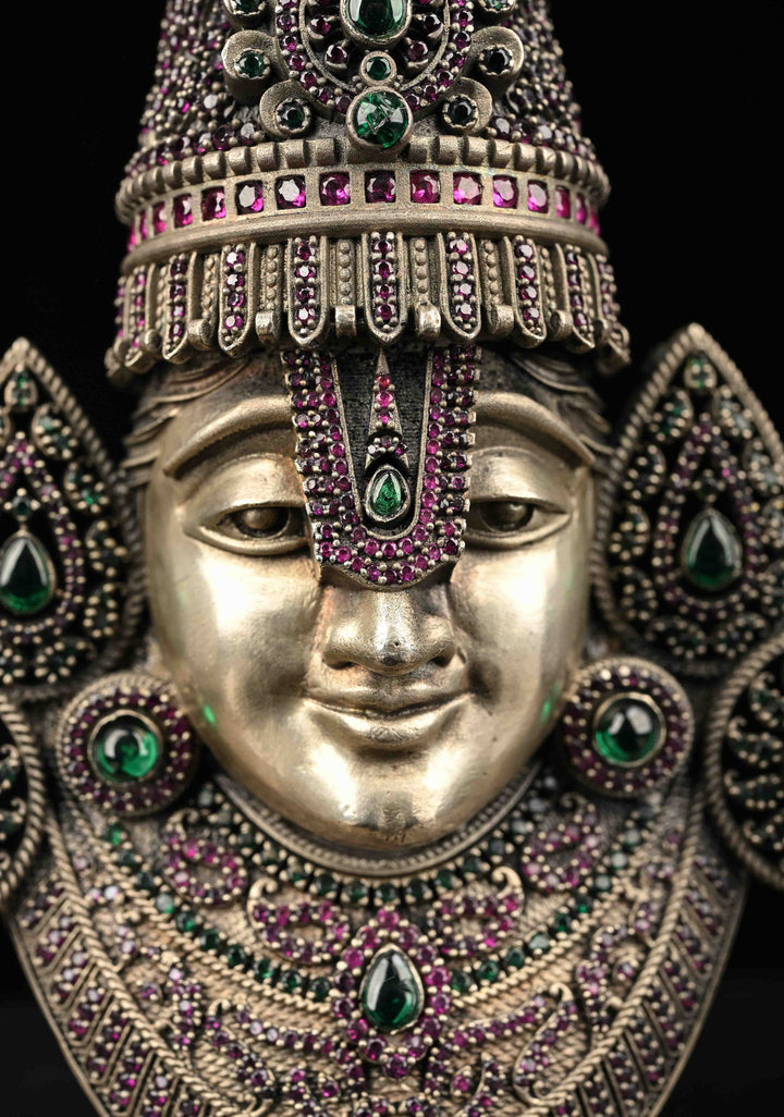 Pure 92.5 silver Tirupati idol with Antique Finish and Gemstones encrusted
