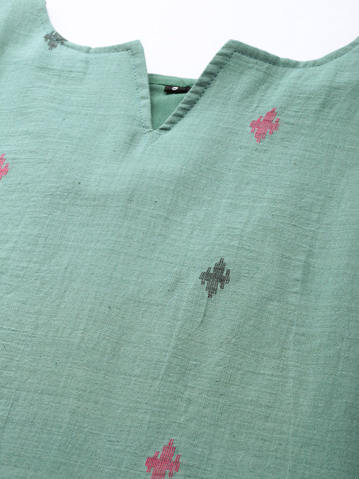 Green Cotton Handloom Dress | SHOBITAM