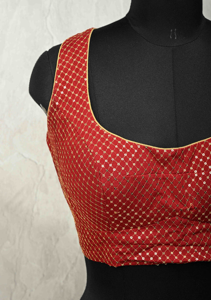 SIZE 40" Blood Red Deep U Neckline Blouse with Grid Sequins Detailing  Sleeveless Pattern