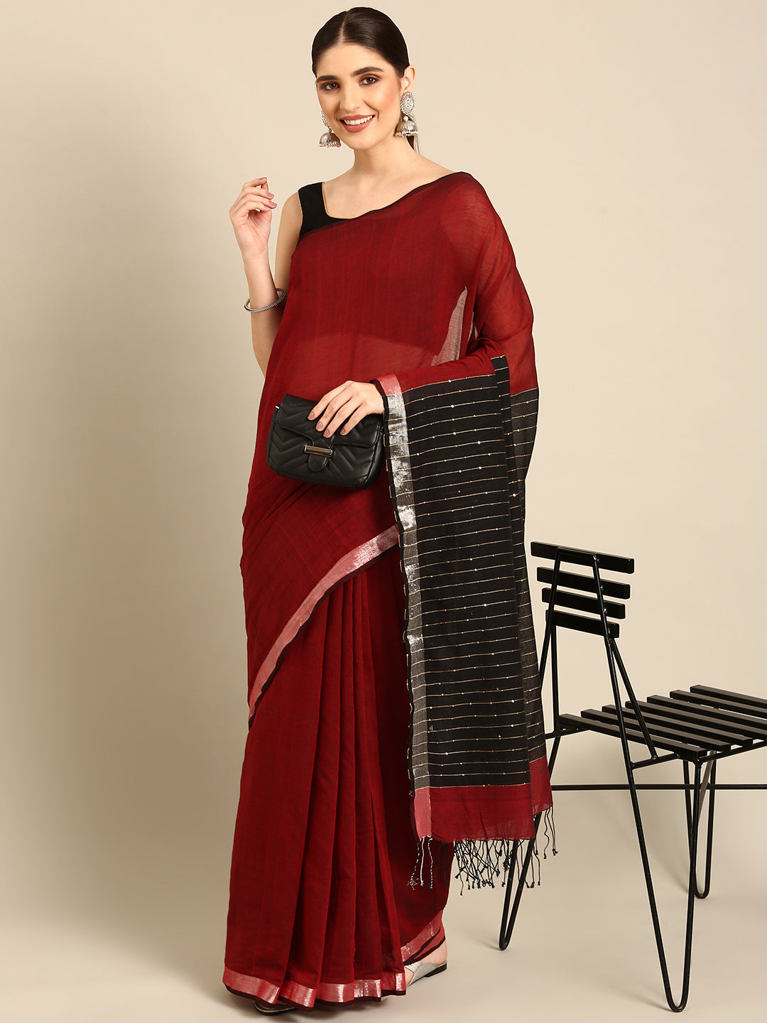 Red Black Sequins Cotton Handloom Saree | SHOBITAM