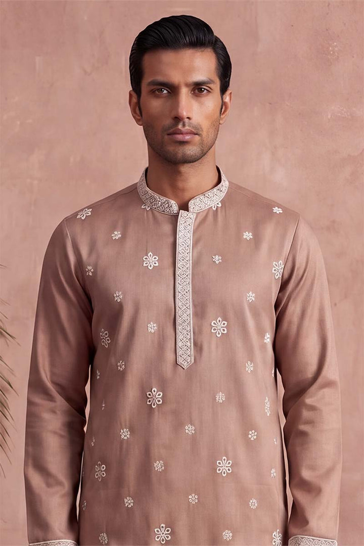 Mens Pink Silk Blend Solid Embroidered Kurta With Trousers | SHOBITAM