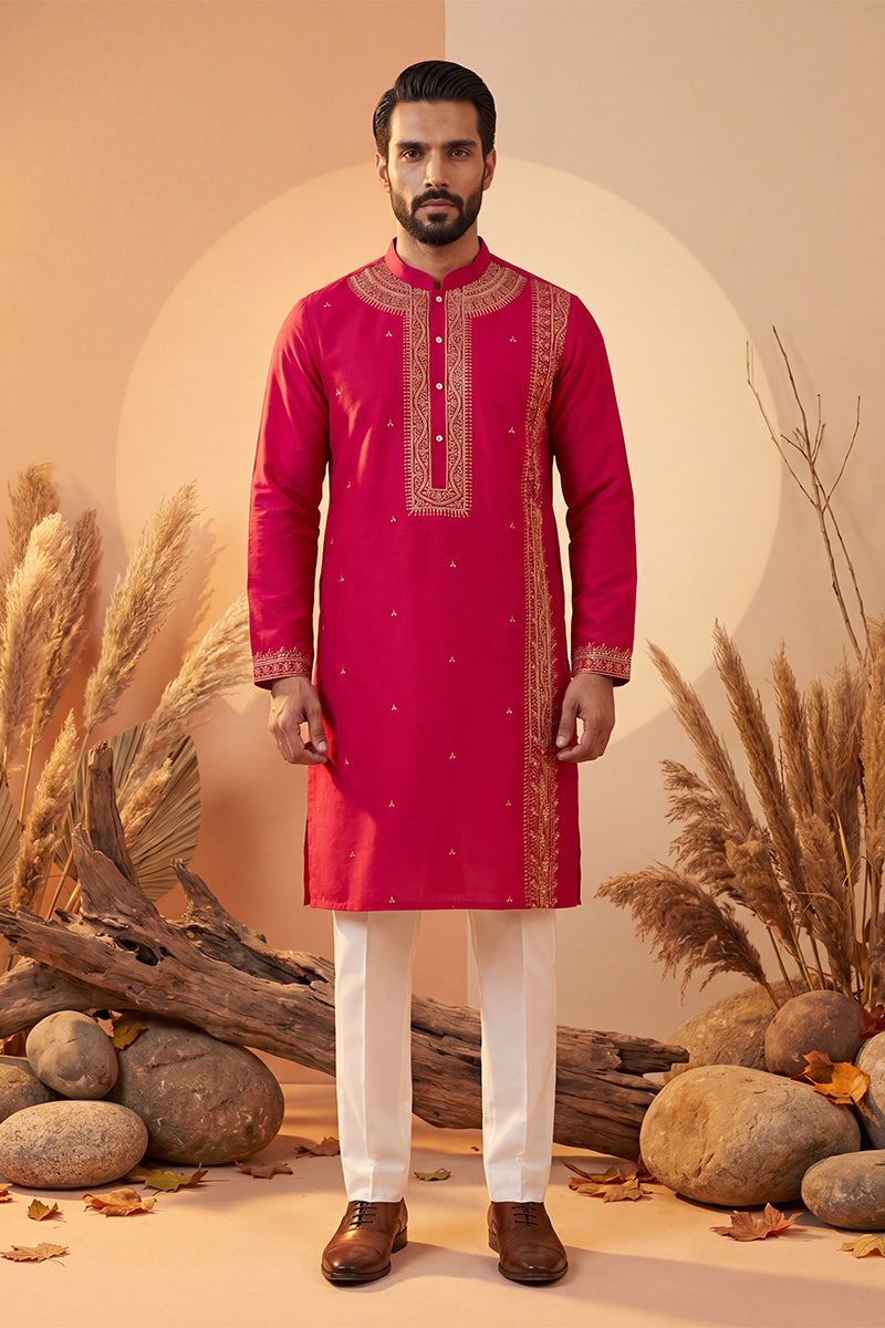Mens Pink Silk Blend Solid Emboidered Straight Kurta With Trouser | SHOBITAM