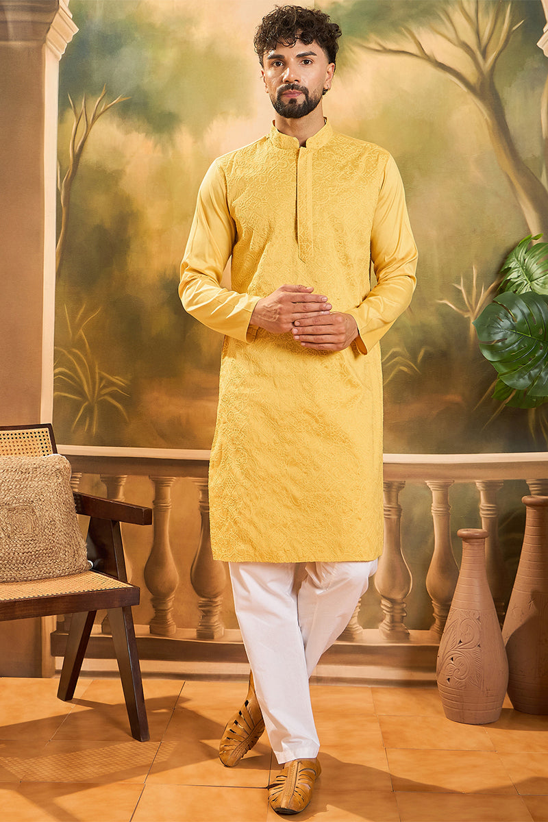 Yellow Silk Blend Solid Embroidered Straight Kurta | SHOBITAM