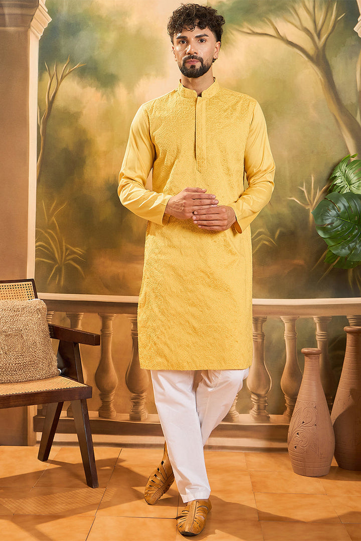 Yellow Silk Blend Solid Embroidered Straight Kurta | SHOBITAM