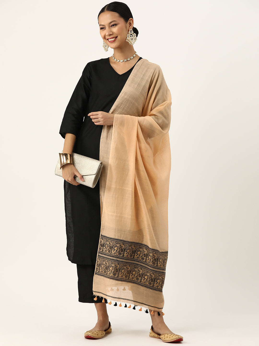 Beautiful Beige & Black Baluchari Silk Cotton Dupatta | SHOBITAM