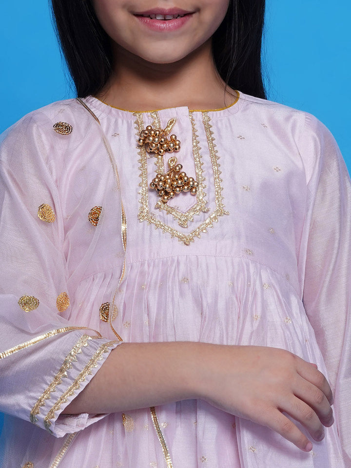 Girls Chanderi Cotton Three Fourth Sleeves Kurta Frock with Plazzo and Dupatta with Boota, Lace & Tussel work - Baby Pink | SHOBITAM