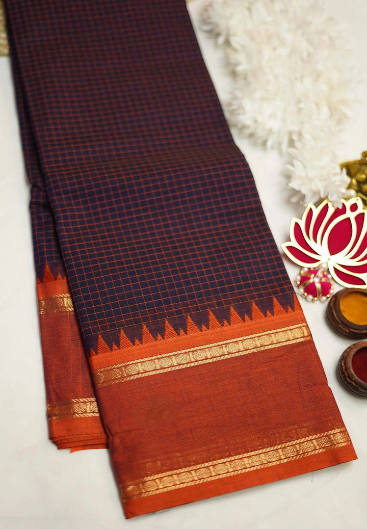 Preorder l Deep Blue Purple Semi Silk Cotton Saree with  rettapeta rudraksham border with muthu kattam checks | SHOBITAM
