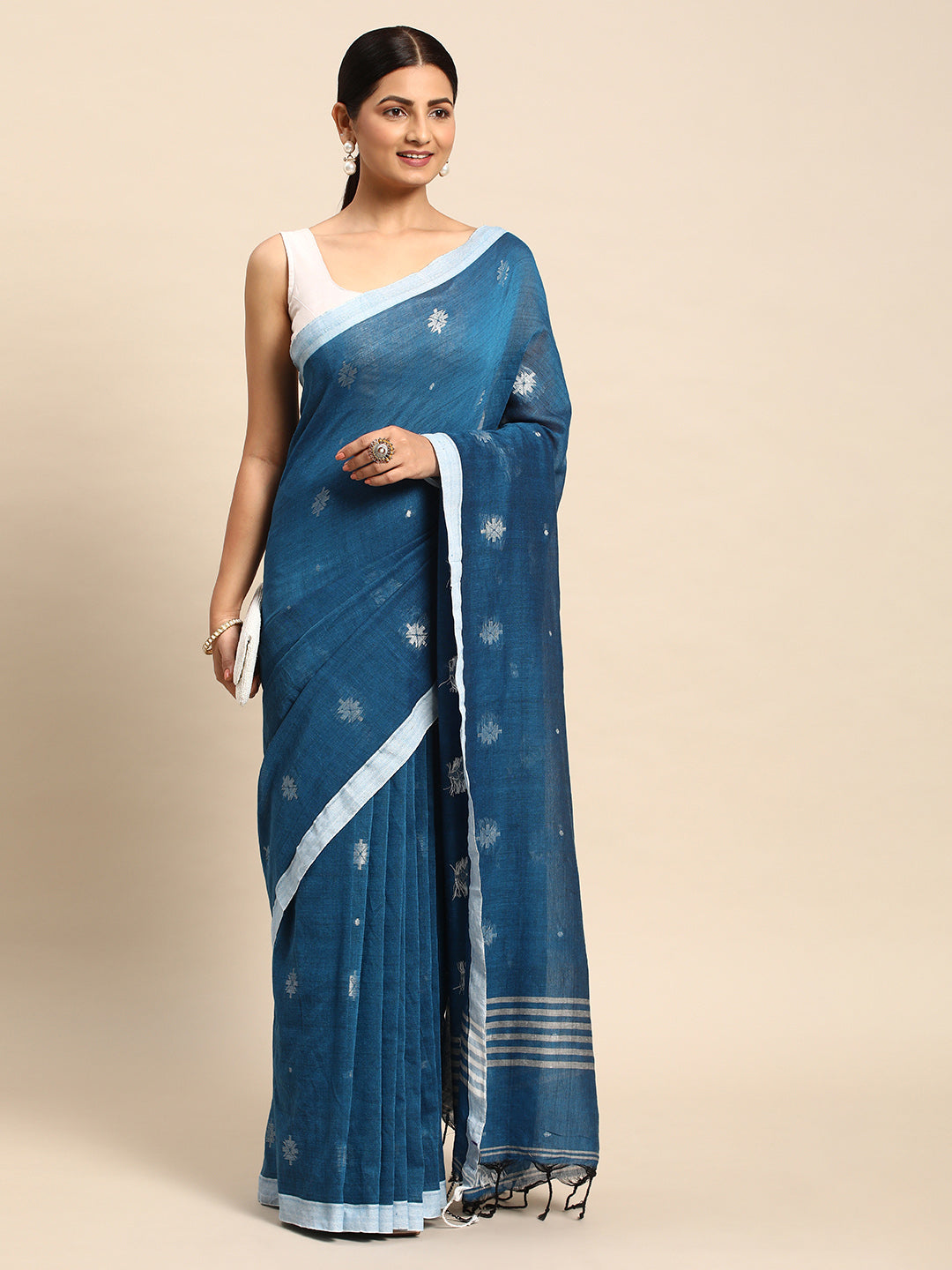 Blue Pure Cotton Saree with Minimal Border and Blouse piece