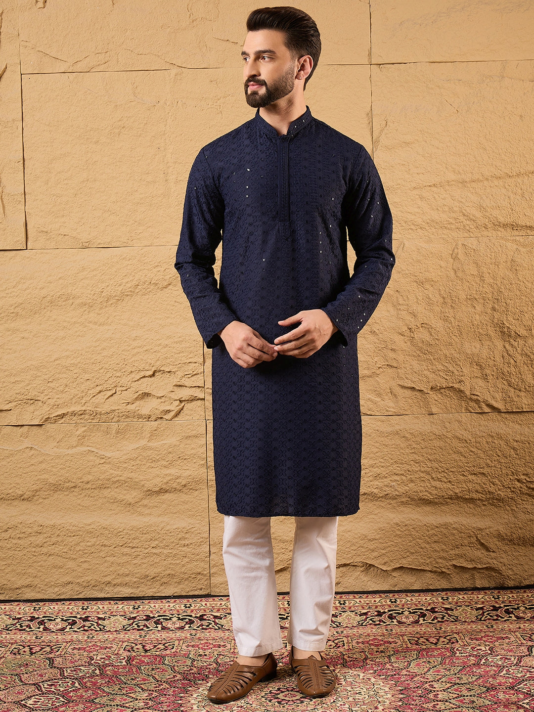 Blue Viscose Rayon Solid Embroidered Straight Kurta | SHOBITAM