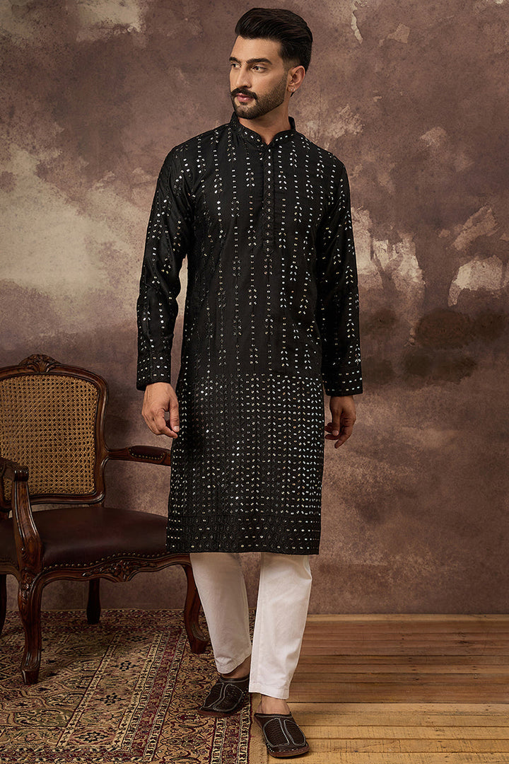 Black Silk Blend Solid Embroidered Straight Kurta With Pant Set | SHOBITAM