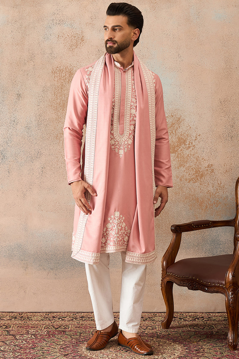 Mens Peach Silk Blend Solid Embroidered Kurta Trouser With Dupatta | SHOBITAM