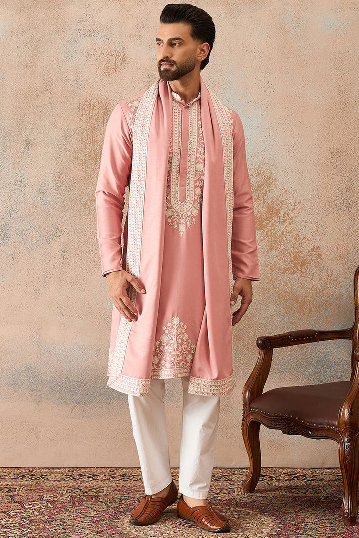 Mens Peach Silk Blend Solid Embroidered Kurta Trouser With Dupatta | SHOBITAM