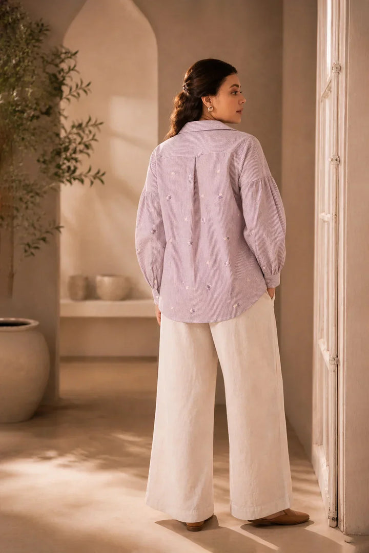 Lavender Pure Cotton Embriodered Shirt | SHOBITAM