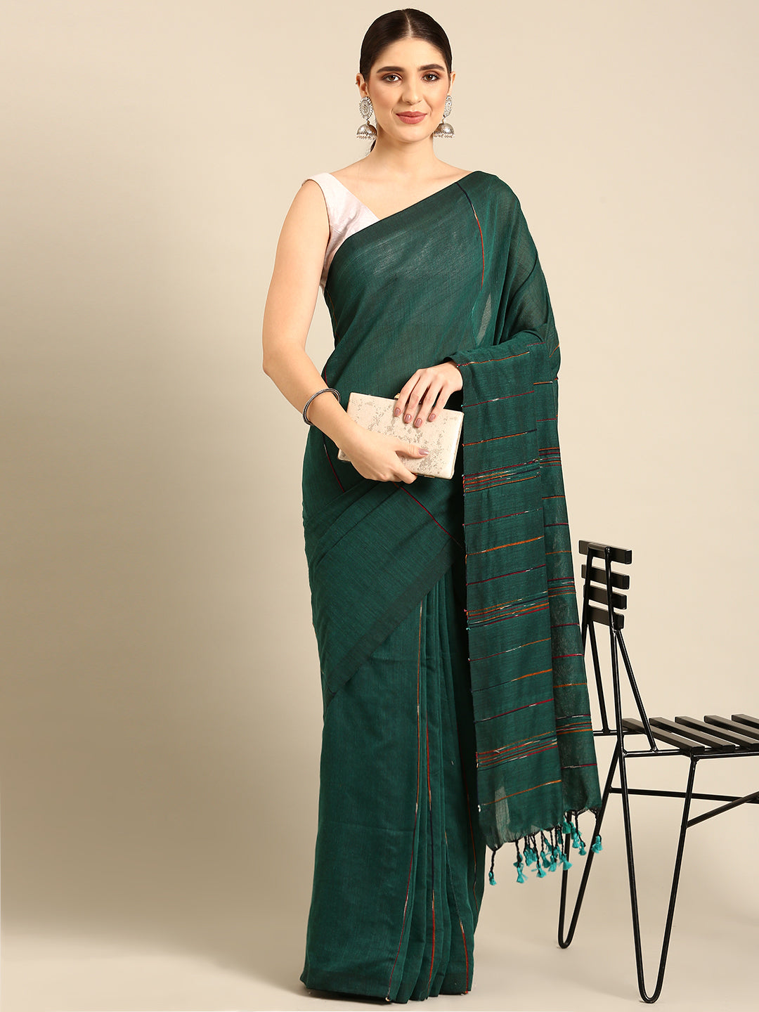 Bottle Green Pure Cotton Saree with Blouse piece