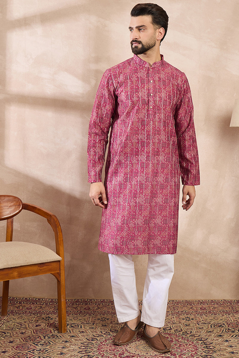Pink Silk Blend Ethnic Motifs Printed Straight Kurta With Trouser | SHOBITAM