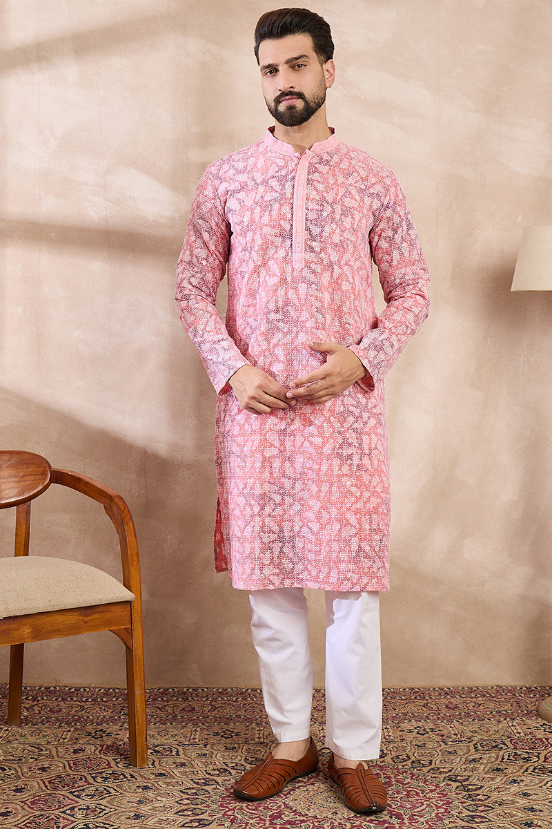 Pink Viscose Rayon Ethnic Motifs Embroidered Straight Kurta | SHOBITAM