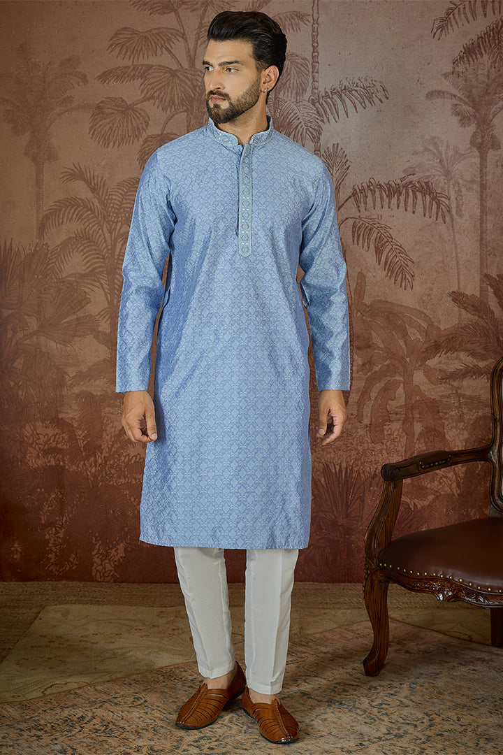 Mens Blue Jacquard Solid Embroidered Kurta  | SHOBITAM