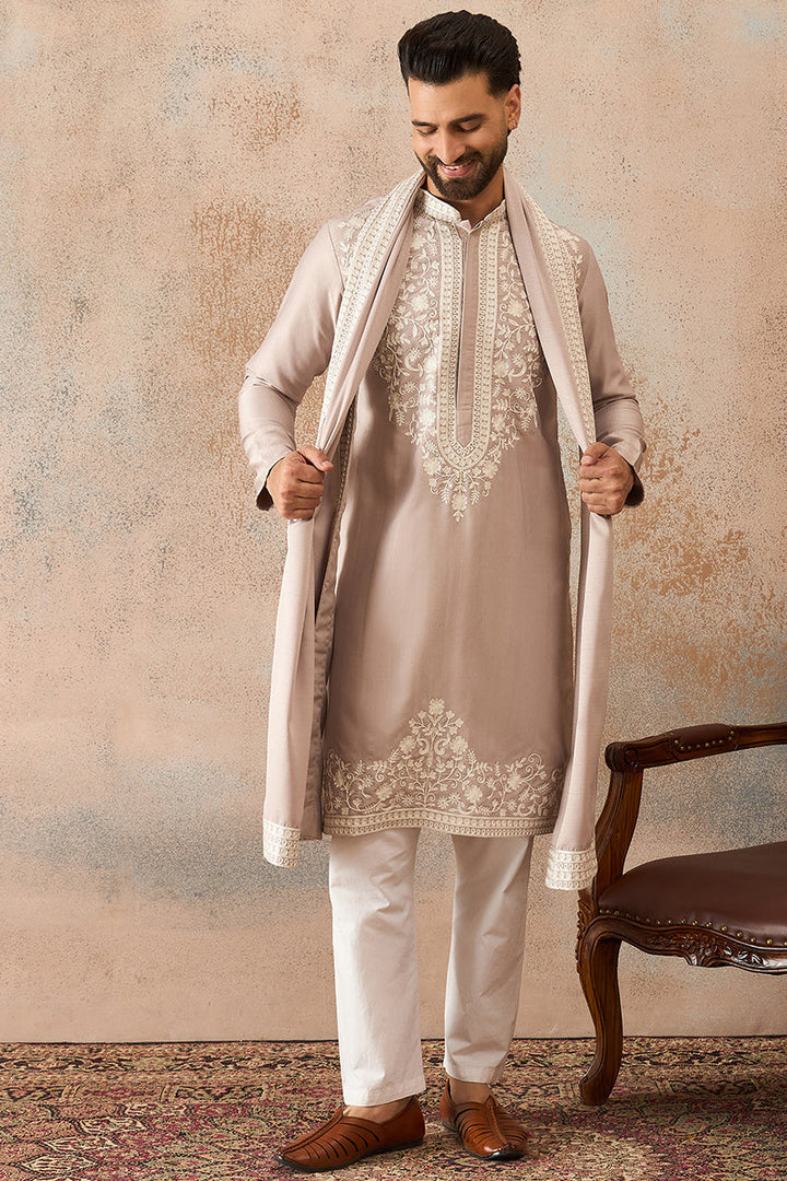 Mens Beige Silk Blend Solid Embroidered Kurta Trouser With Dupatta | SHOBITAM