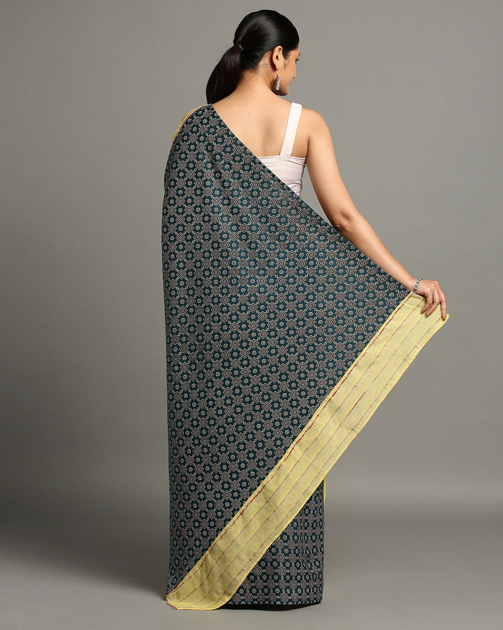 Yellow Green Ajrak Print Khesh Saree with Blouse piece | SHOBITAM